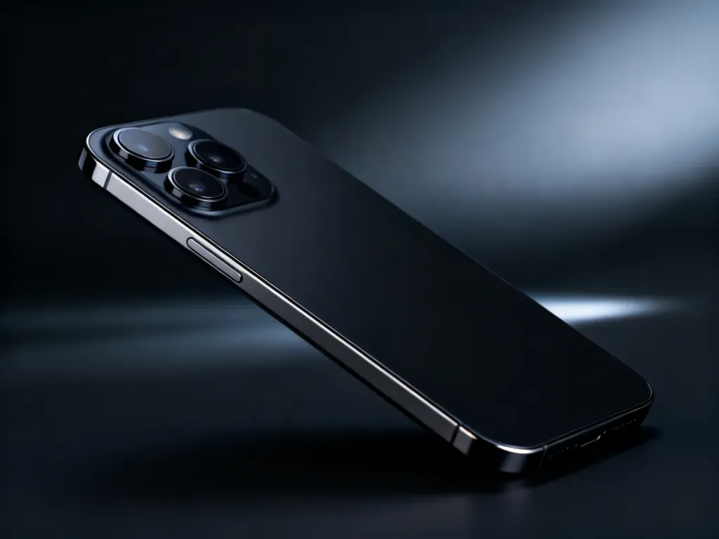 Czarny iPhone 15 na minimalistycznym, ciemnym tle, ukazujący elegancki design oraz układ aparatów.