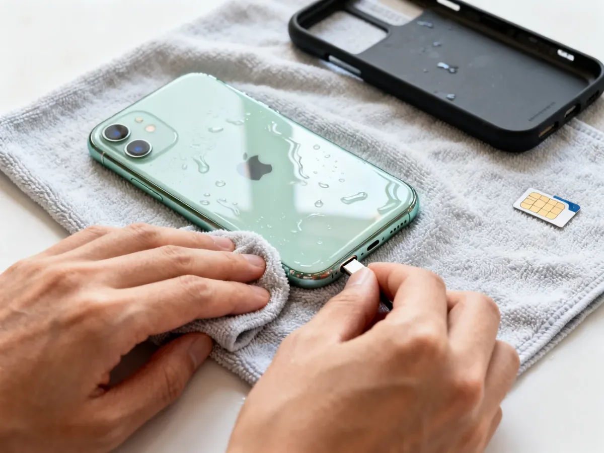 Zalany iPhone 11 osuszany miękką ściereczką