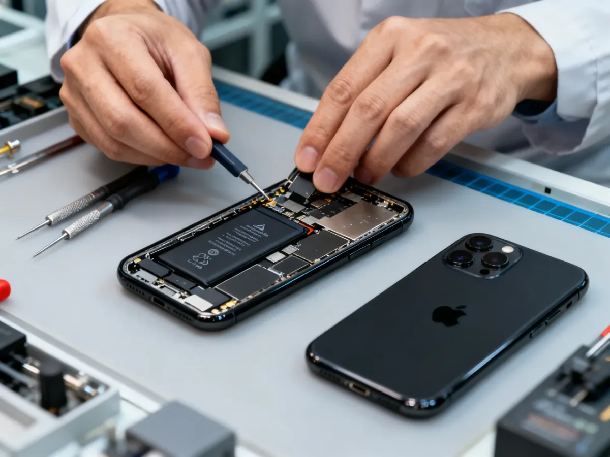 Technik wymieniający baterię w iPhonie na stanowisku serwisowym