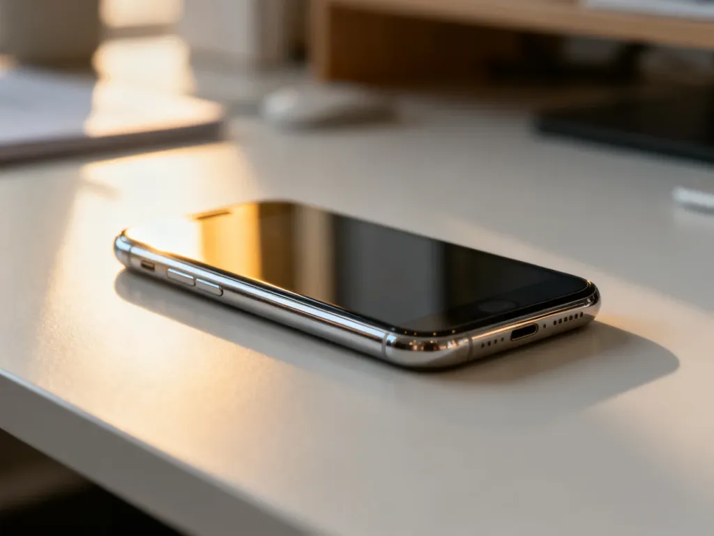 Elegancki smartfon z metalowymi krawędziami leżący na minimalistycznym biurku w świetle poranka.