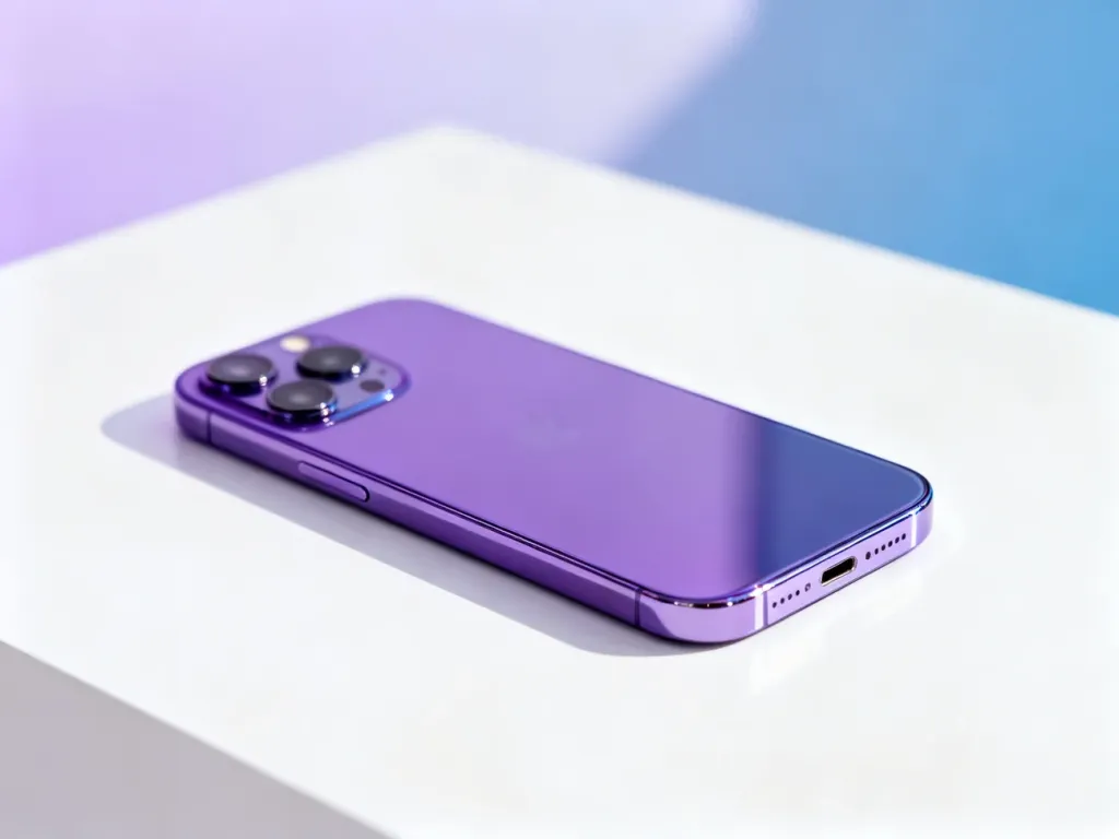 Fioletowy iPhone 12 na minimalistycznym białym tle. Profesjonalne ujęcie prezentujące design i detale aparatu smartfona.