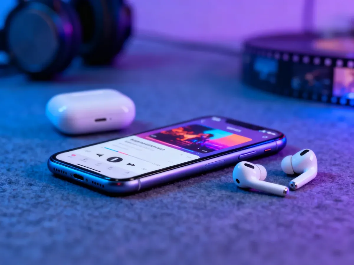 iPhone 11 with wireless earbuds representing music and streaming entertainment