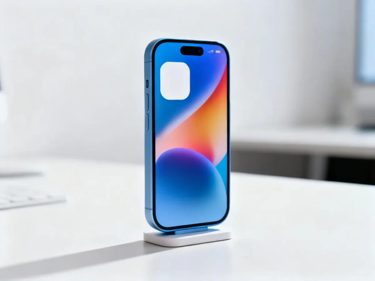 iPhone 15 stojący na minimalistycznym biurku
