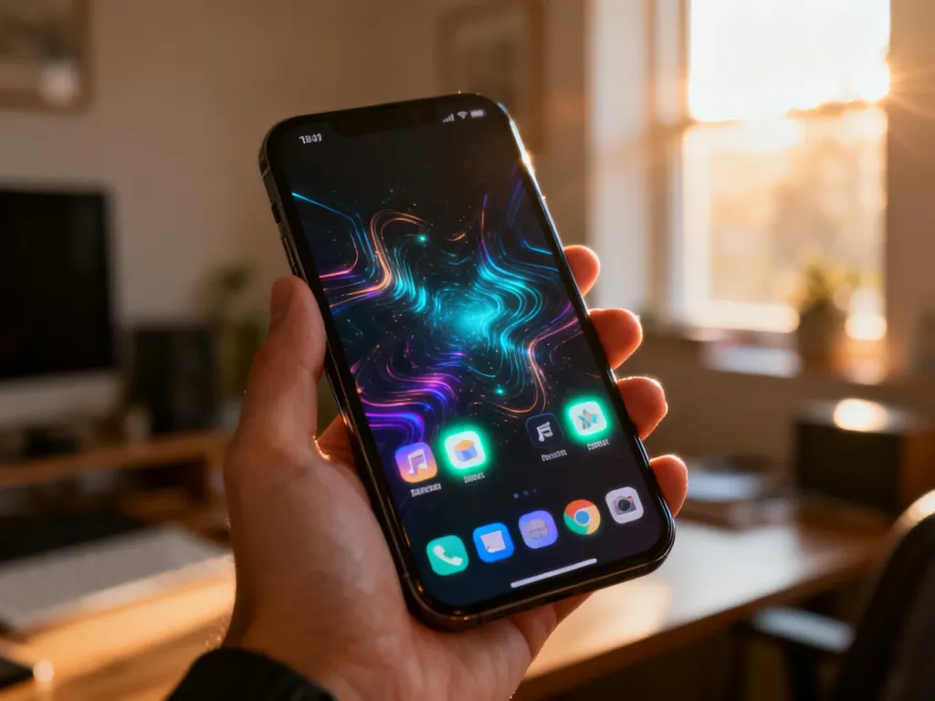 Dłoń trzymająca nowoczesny smartfon z widocznymi ikonami aplikacji na ekranie domowym w przytulnym biurze.