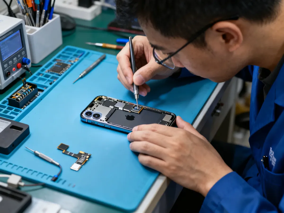 Serwisant diagnozujący moduł Face ID w iPhonie