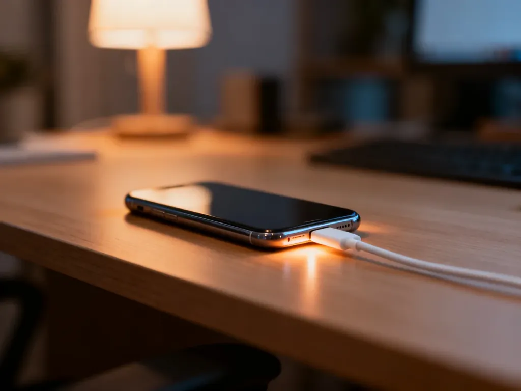 iPhone 15 Pro podłączony do ładowarki na drewnianym biurku w przytulnym, wieczornym wnętrzu.