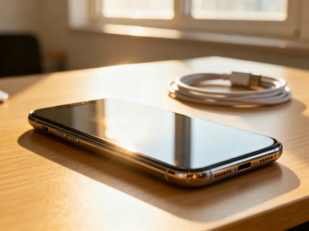 Odnowiony smartfon iPhone leżący na minimalistycznym drewnianym biurku w promieniach porannego słońca.