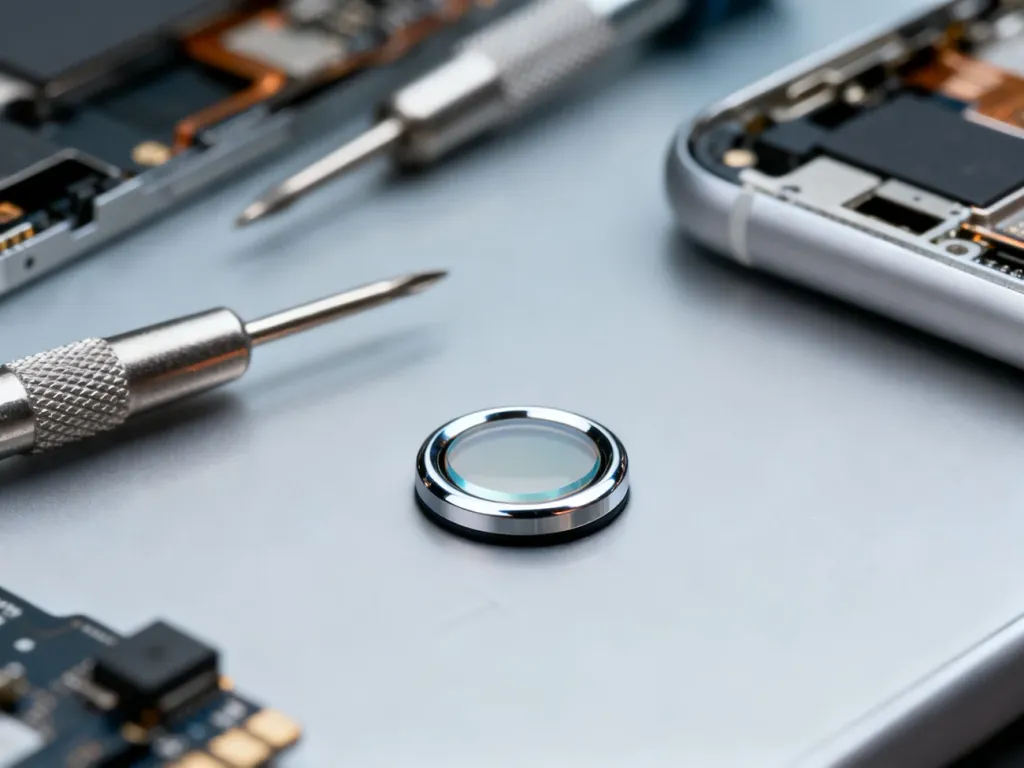 Zbliżenie na przycisk Home iPhone'a 7 na profesjonalnym stole serwisowym z narzędziami w tle.