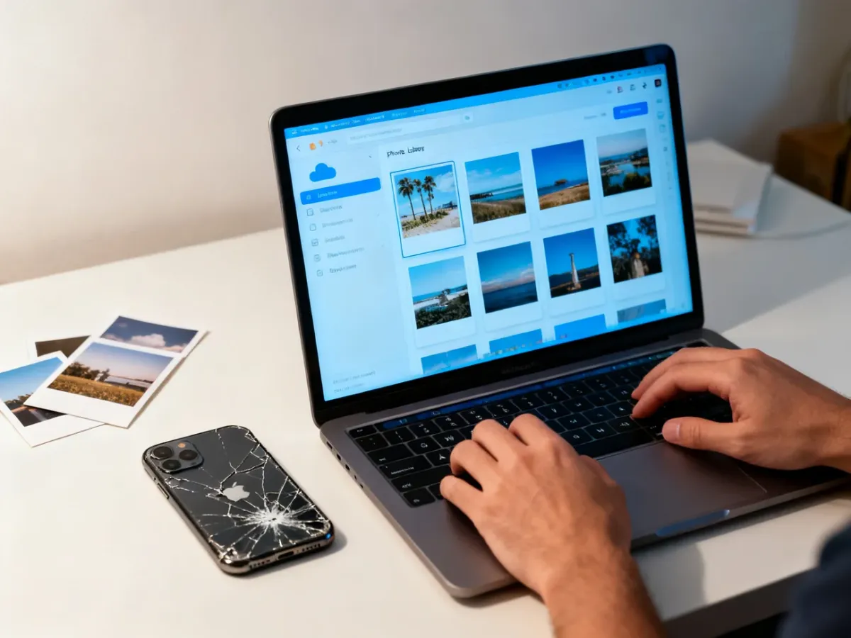 Dostęp do zdjęć z iCloud na laptopie obok uszkodzonego iPhone’a