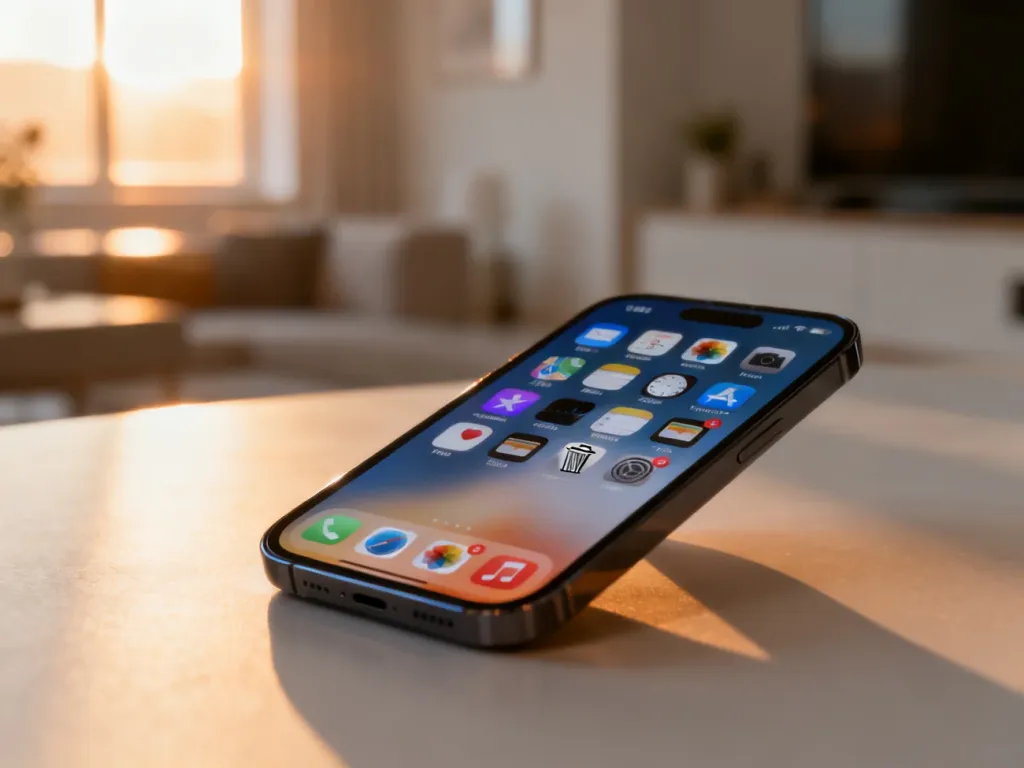 Ekran iPhone'a w trybie edycji ikon z widoczną ikoną usuwania aplikacji, przygotowany do procesu odinstalowywania.