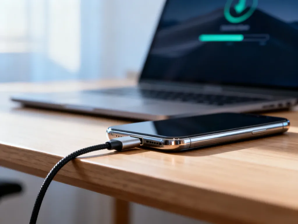 Kabel USB-C podłączony do smartfona leżącego na biurku, w tle laptop z paskiem postępu przesyłania danych.