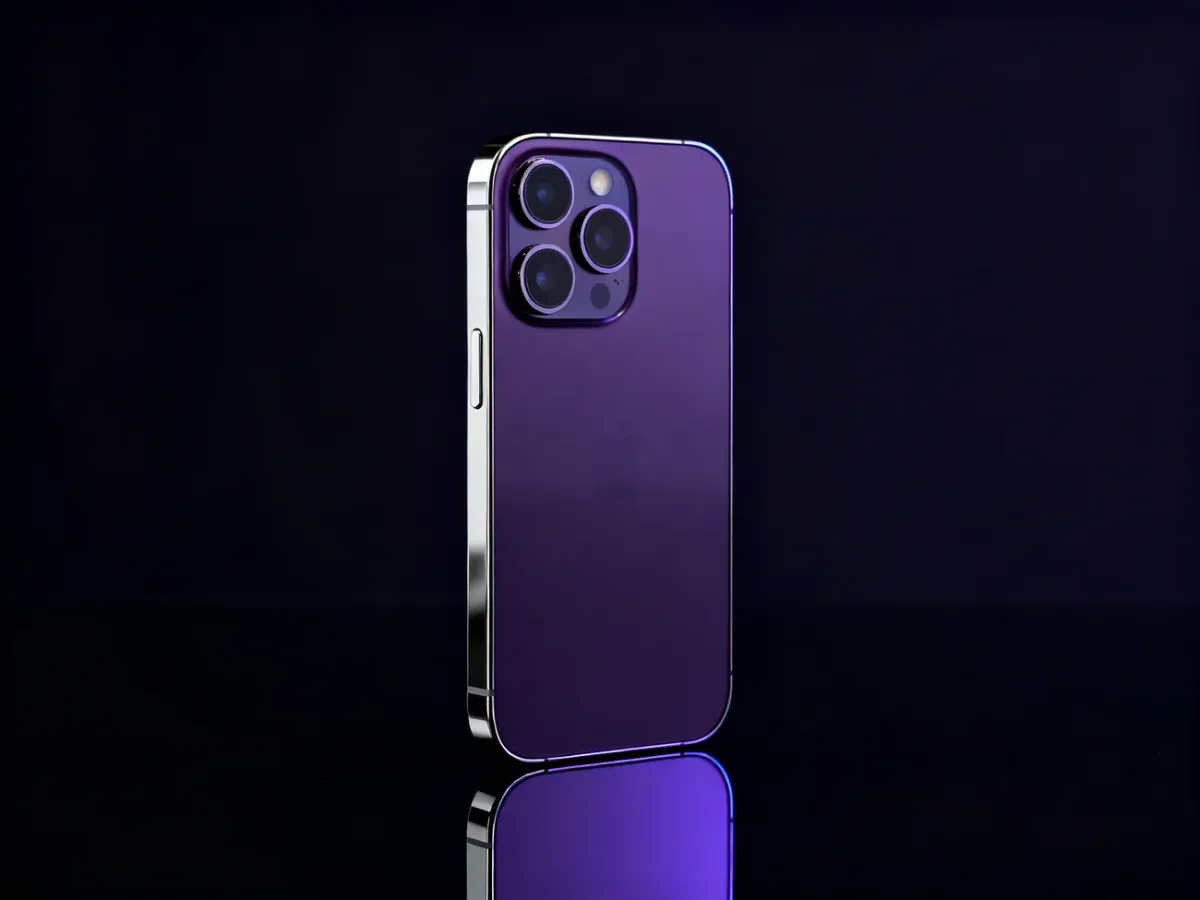 iPhone 14 Pro w kolorze głębokiej purpury na ciemnym tle