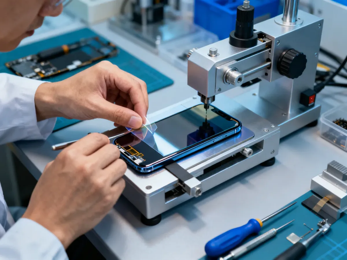 Serwisant podczas profesjonalnej regeneracji wyświetlacza iPhone’a