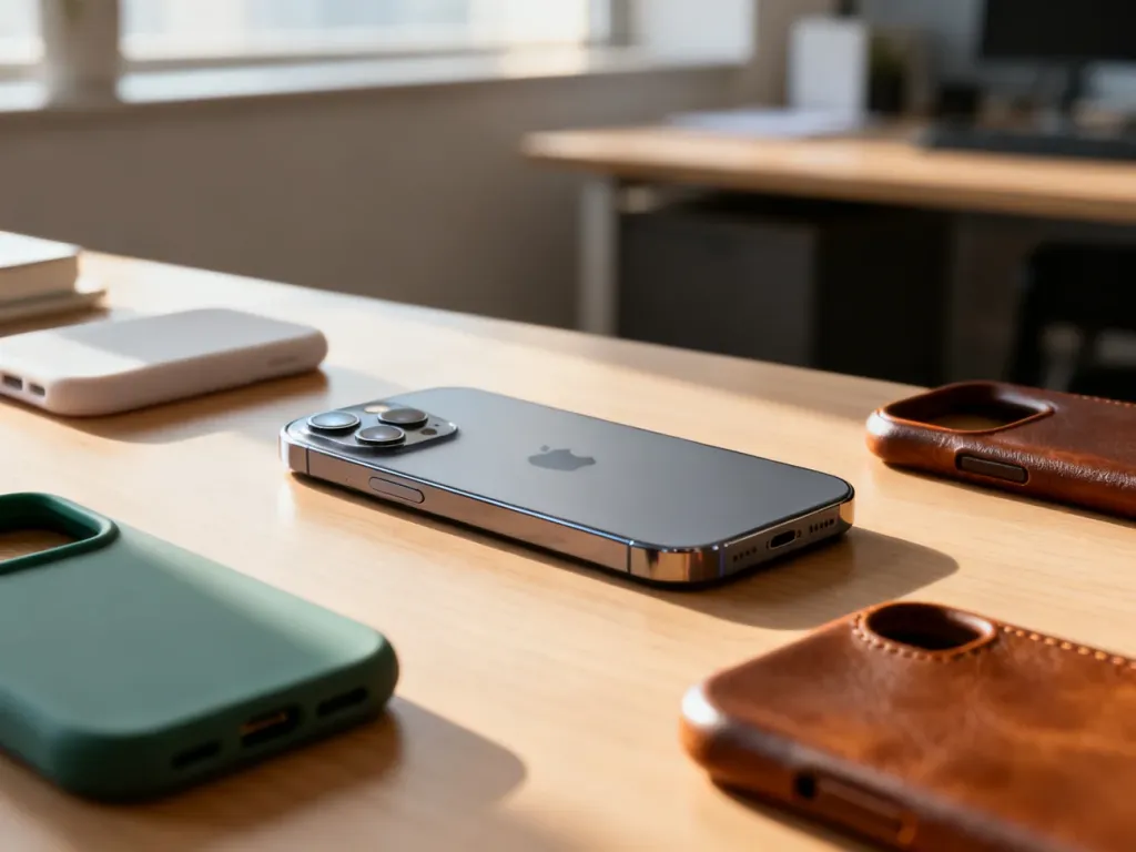 iPhone 14 na drewnianym biurku w otoczeniu różnorodnych etui silikonowych i skórzanych w różnych kolorach.