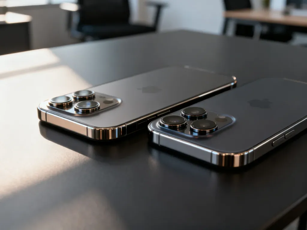 Porównanie iPhone 15 Pro i 16 Pro leżących obok siebie na biurku, ukazujące detale obiektywów i tytanowe krawędzie obudowy.