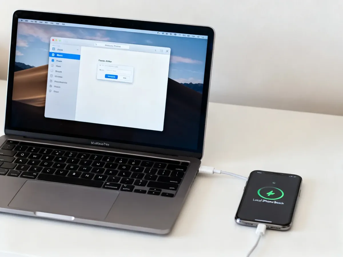 iPhone podłączony do MacBooka podczas tworzenia lokalnej kopii zapasowej w Finderze