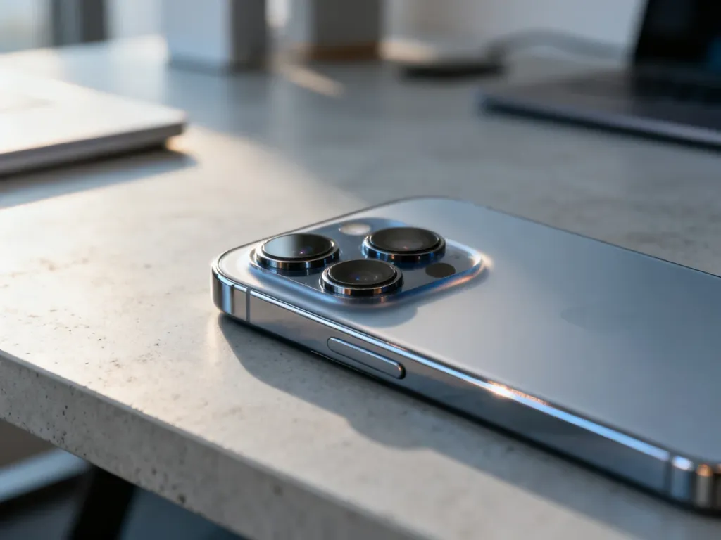 Elegancki smartfon iPhone 12 leżący na minimalistycznym biurku, z wyraźnym zbliżeniem na moduł aparatu.