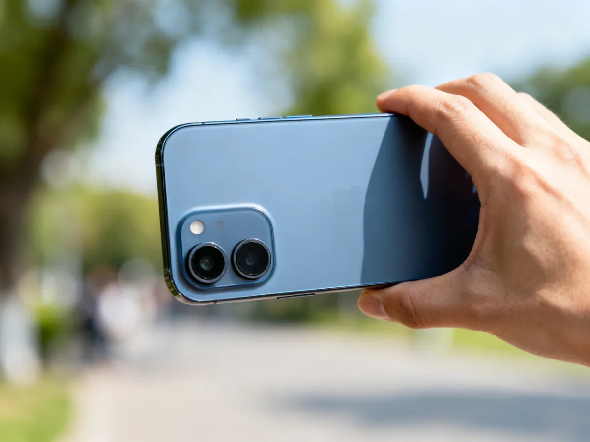 Smartfon z dwoma tylnymi aparatami fotografujący scenę w świetle dziennym
