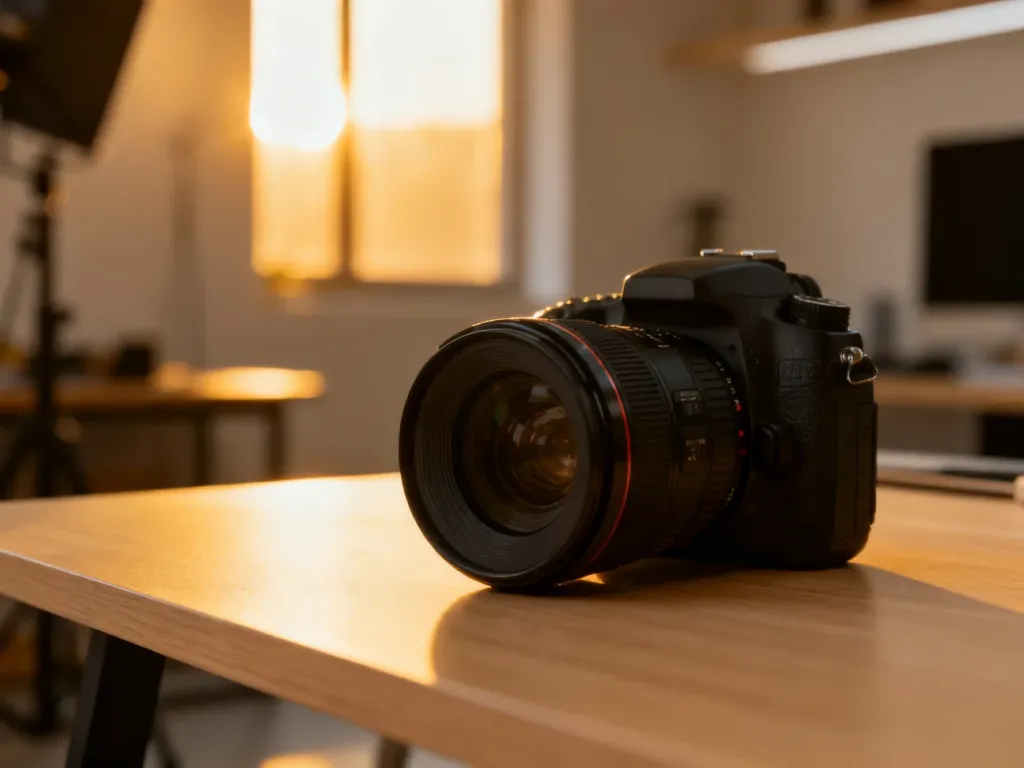Profesjonalny obiektyw na drewnianym biurku w nowoczesnym studiu, podkreślający precyzję i jakość fotografii.
