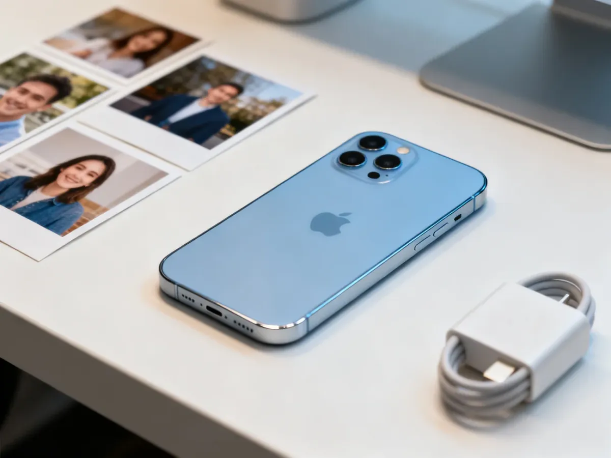iPhone 12 256GB obok zdjęć i akcesoriów do ładowania
