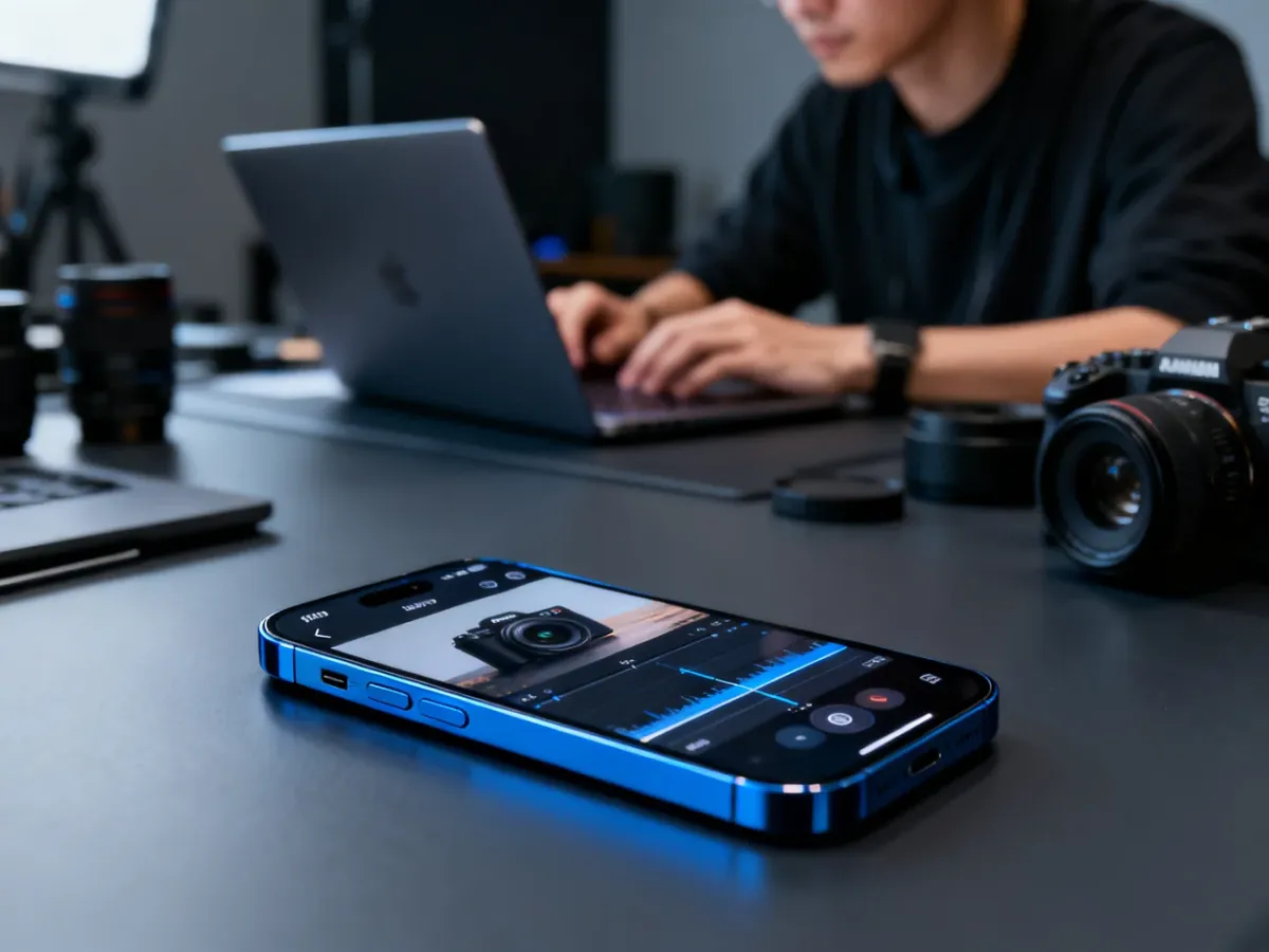 iPhone Pro na biurku twórcy treści obok sprzętu do nagrywania i montażu