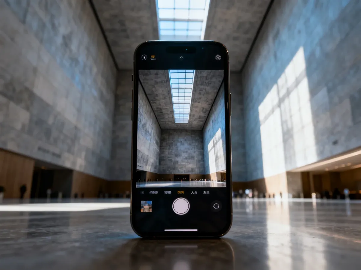 Smartfon fotografujący szerokokątnym obiektywem przestronne wnętrze