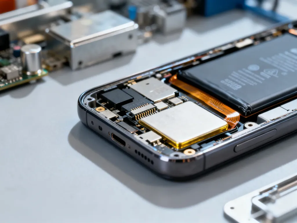 Wnętrze iPhone'a 14 z widoczną baterią w profesjonalnym serwisie, ukazujące proces przygotowania do jej wymiany.