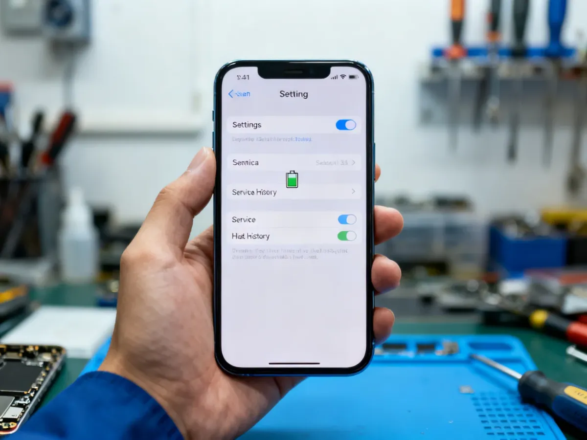 Ekran iPhone’a z widokiem historii części i serwisu baterii