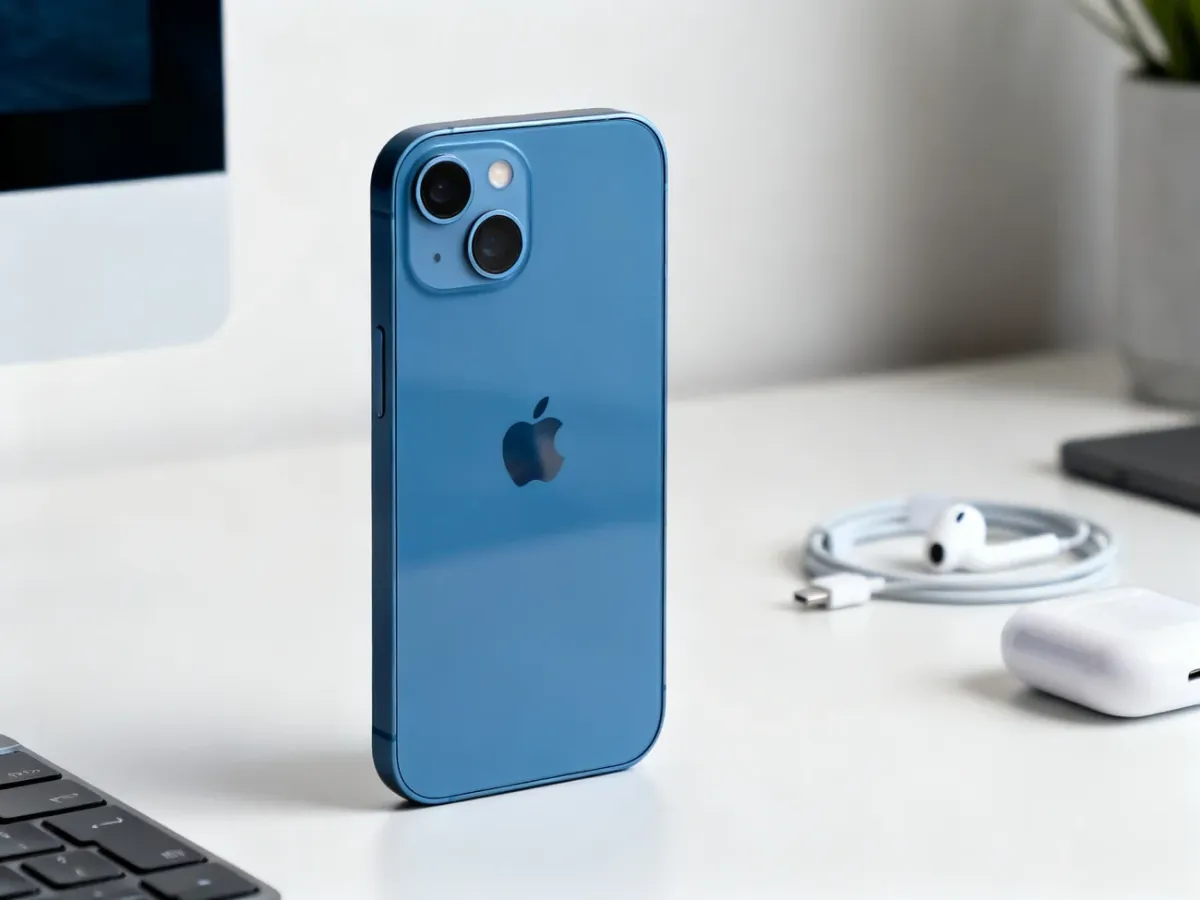 Niebieski iPhone 13 na biurku z widocznym ekranem OLED i podwójnym aparatem