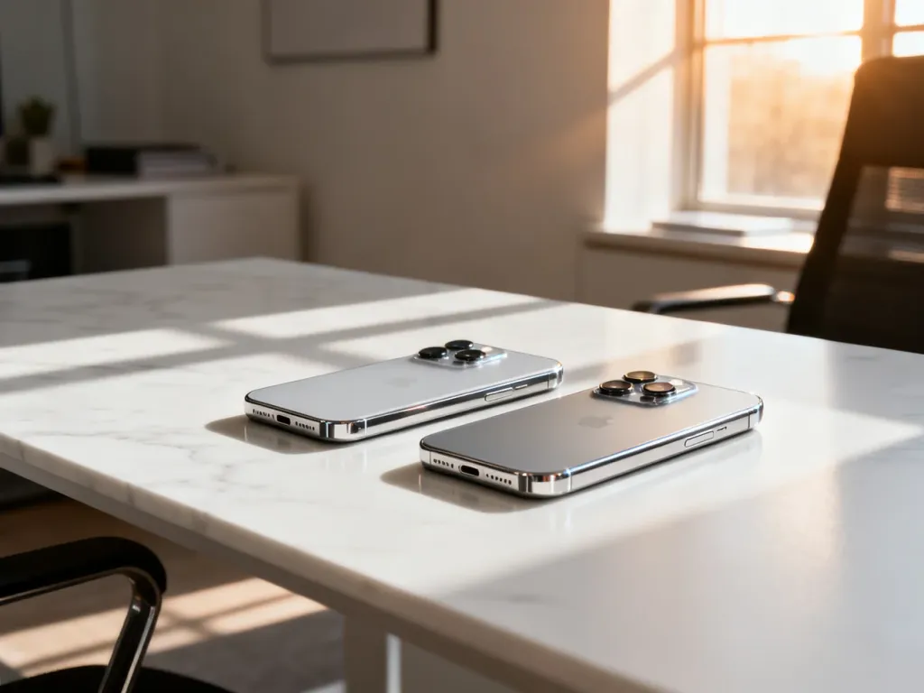 iPhone 13 Pro i 14 Pro leżące obok siebie na marmurowym biurku, prezentujące design i moduły aparatów obu modeli.