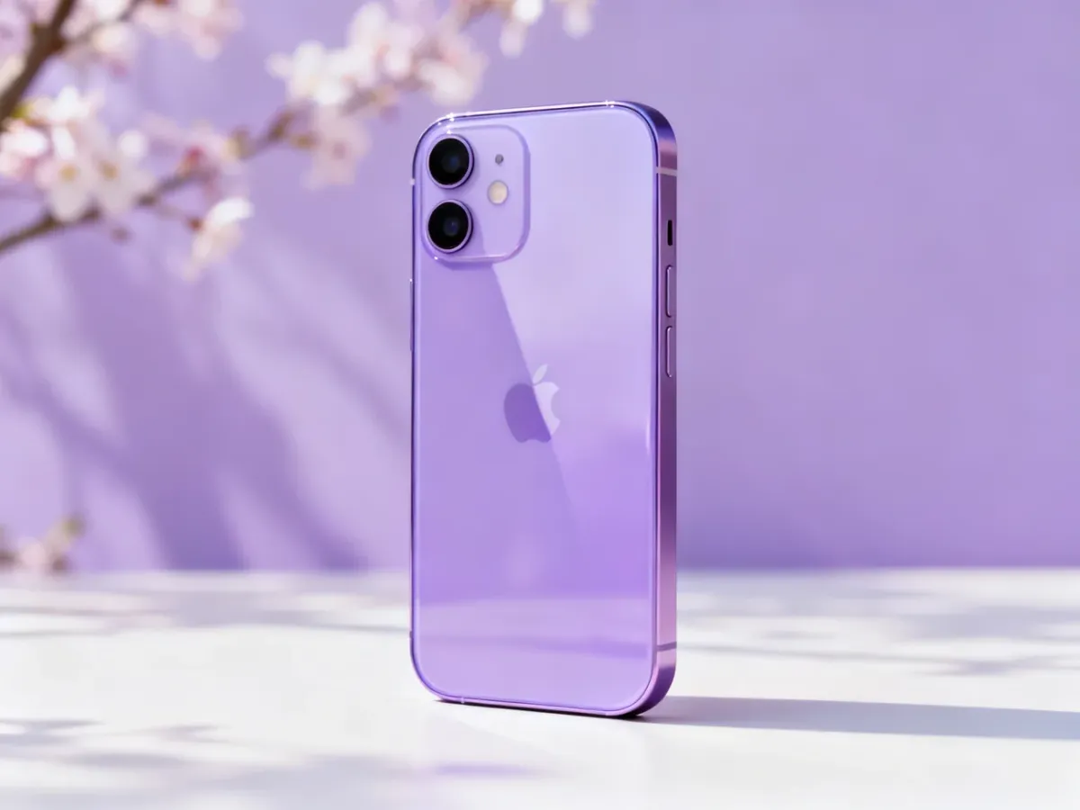 Fioletowy iPhone 12 na jasnym tle