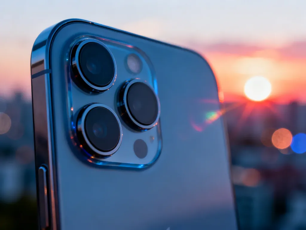 Zbliżenie na zaawansowany moduł aparatów iPhone 15 Pro na tle rozmytego krajobrazu miejskiego o zachodzie słońca.