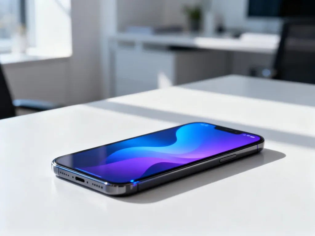 Nowoczesny smartfon na biurku z wyświetlonym abstrakcyjnym interfejsem symbolizującym proces aktualizacji oprogramowania.