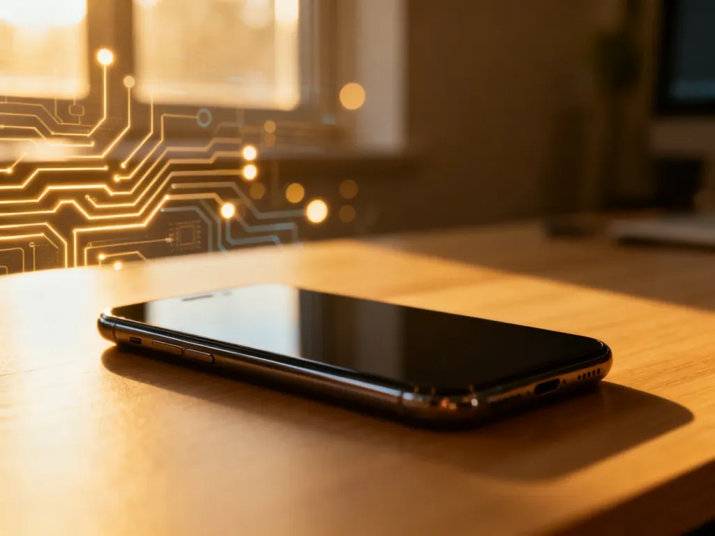 Nowoczesny smartfon na drewnianym biurku, symbolizujący kwestię wsparcia technicznego i aktualizacji oprogramowania.