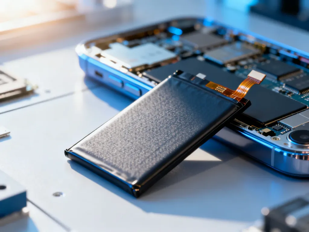 Nowa bateria do iPhone'a 13 Pro umieszczona na profesjonalnym stole serwisowym w oczekiwaniu na montaż.