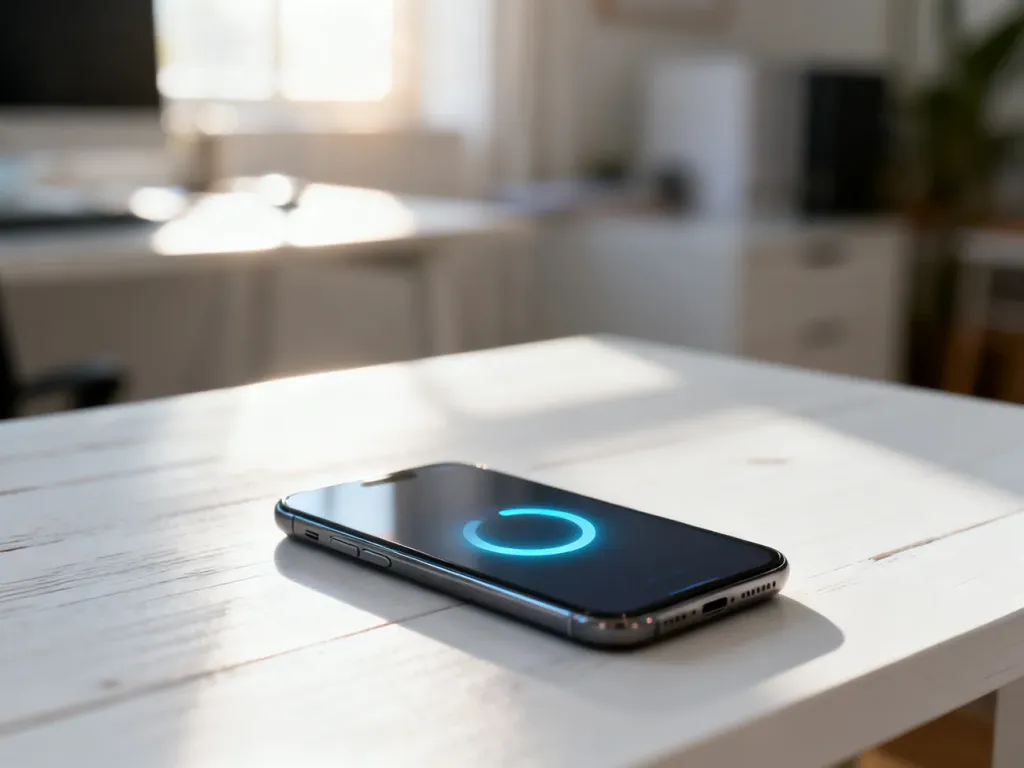 Smartfon leżący na biurku z ikoną ładowania na ekranie, symbolizującą proces resetowania systemu.
