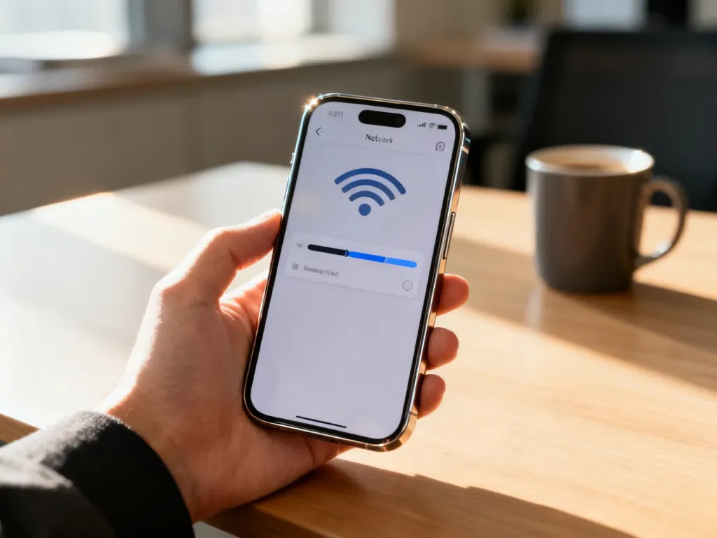 Dłoń trzymająca iPhone’a z widocznym menu ustawień sieci z dwoma aktywnymi paskami zasięgu na ekranie.