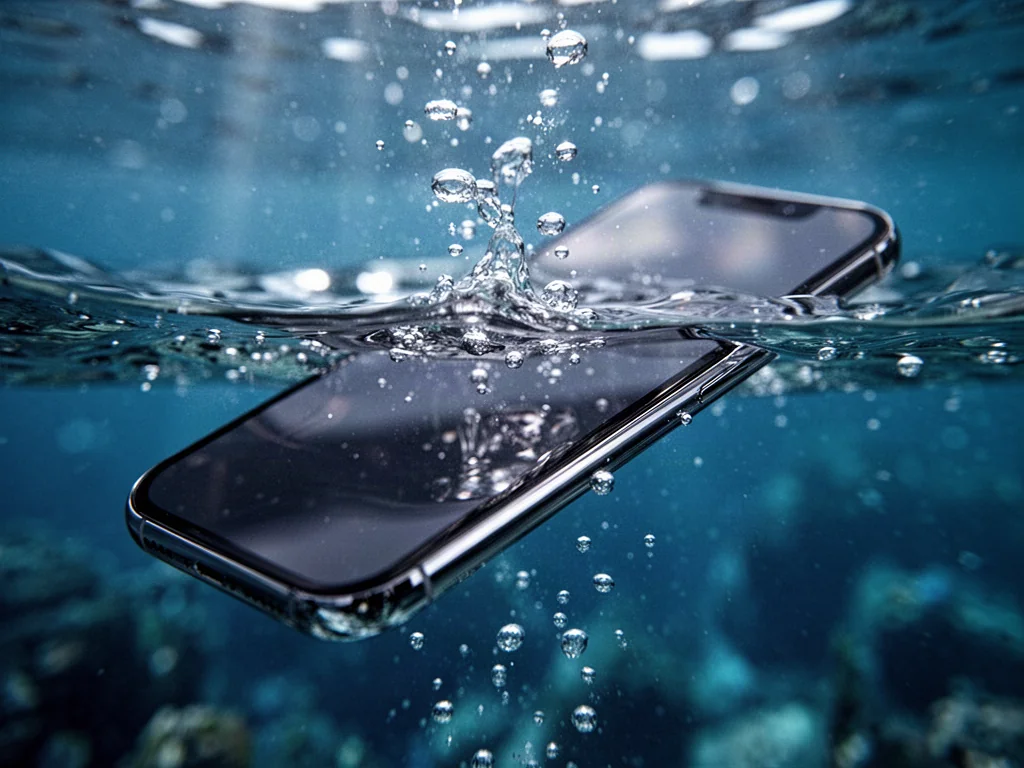 iPhone 13 częściowo zanurzony w krystalicznie czystej wodzie, co obrazuje jego odporność na zachlapania i wilgoć.