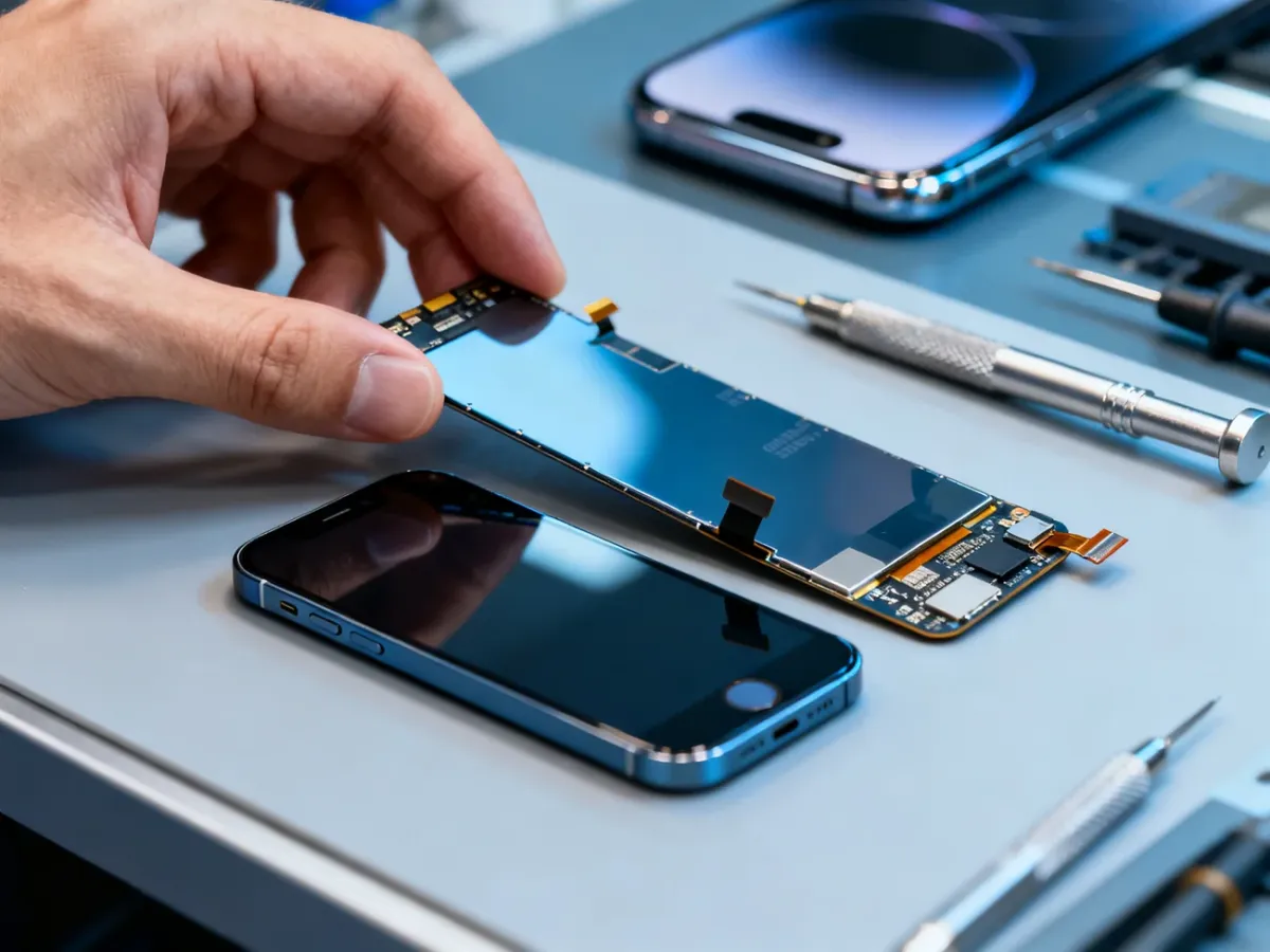 Technik porównujący oryginalny i regenerowany moduł wyświetlacza iPhone’a