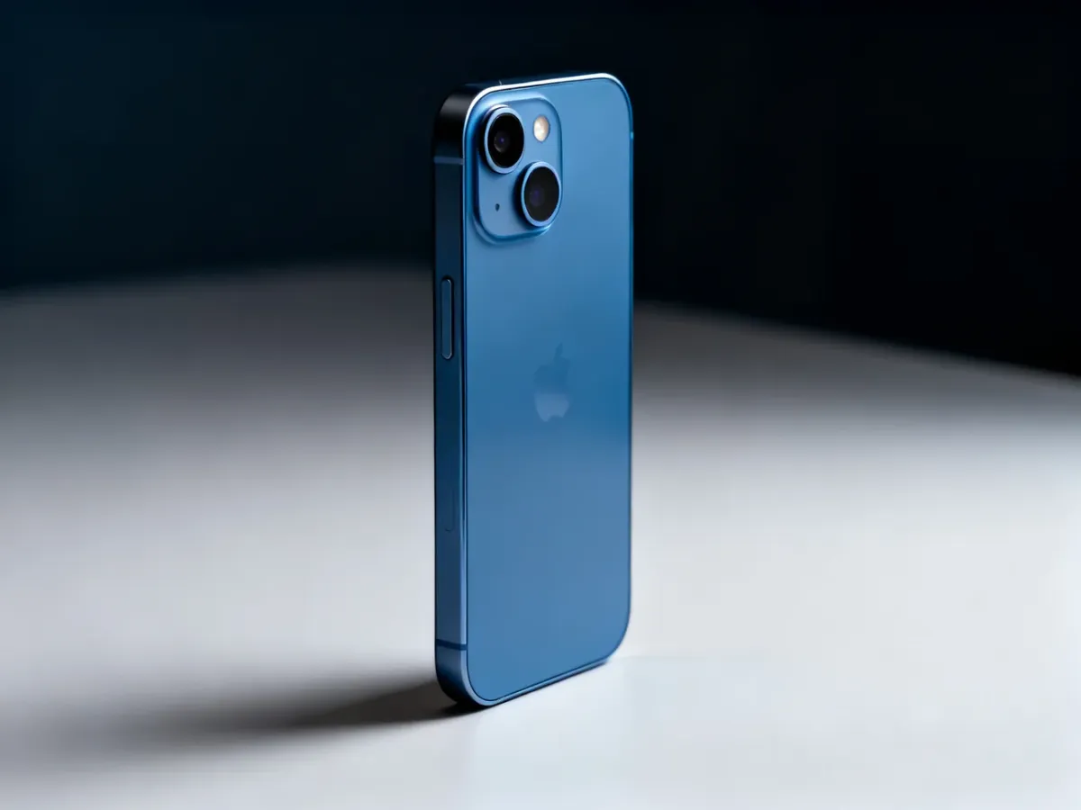 Niebieski iPhone 13 z podwójnym aparatem na jasnym tle