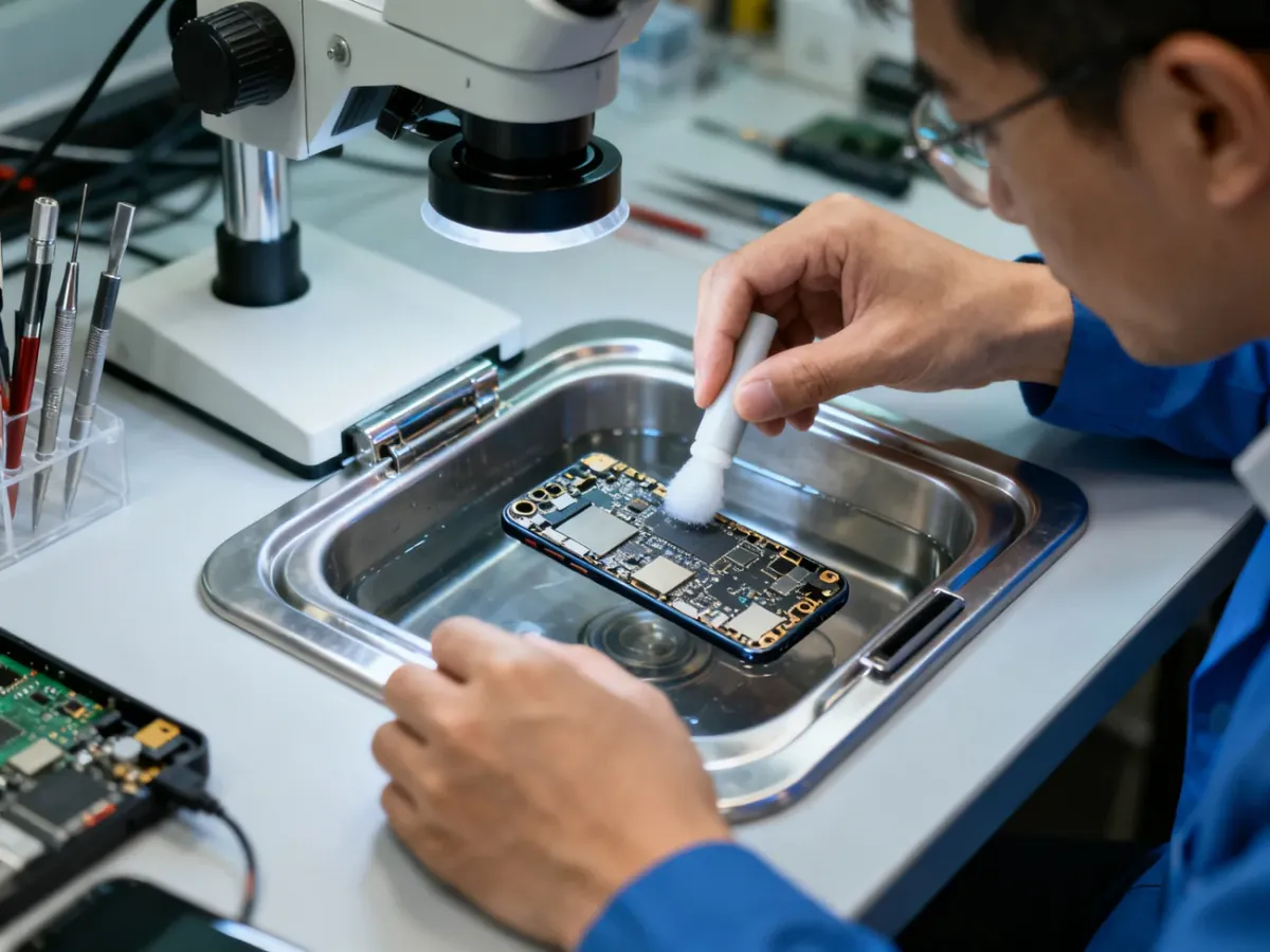 Technik czyści zalaną płytę główną smartfona w myjce ultradźwiękowej