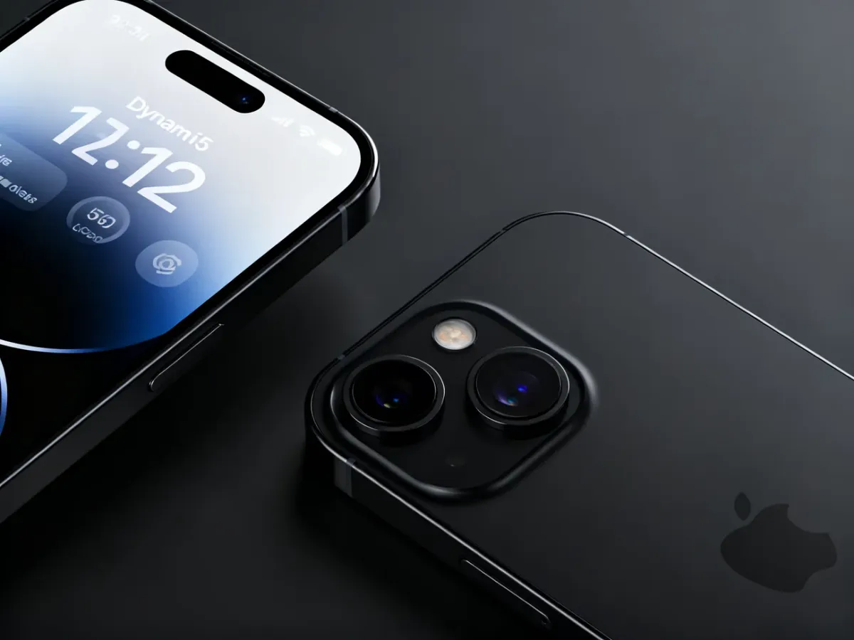 Czarny iPhone 15 z widocznym ekranem i systemem dwóch aparatów