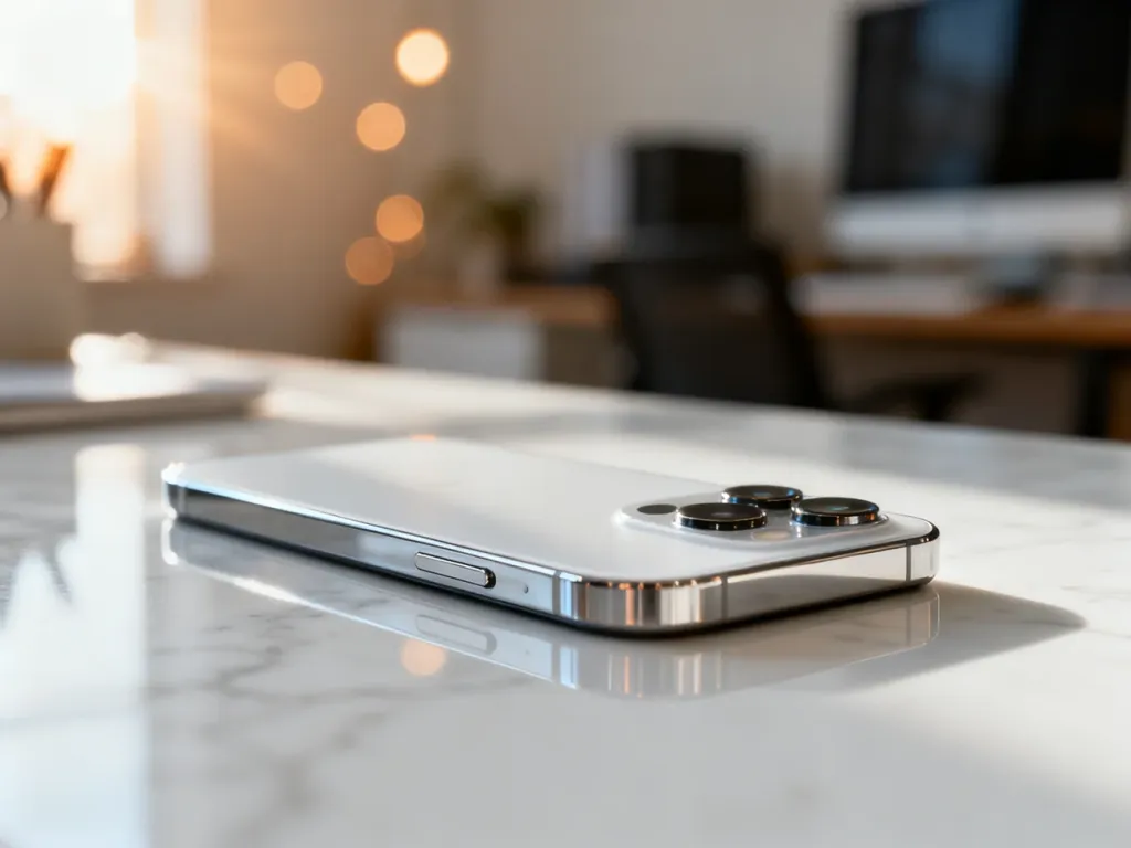 Elegancki iPhone 14 leżący na marmurowym biurku w promieniach porannego słońca.