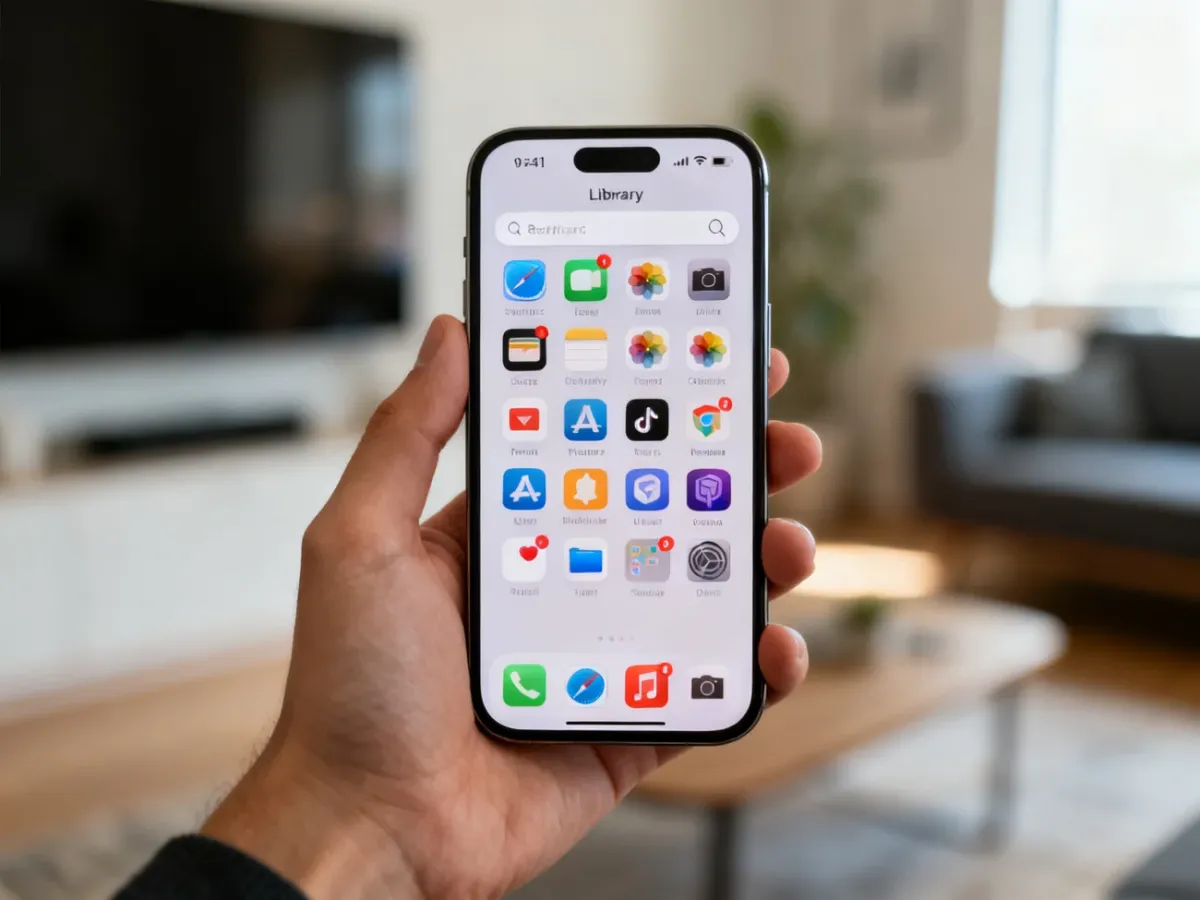 iPhone wyświetlający Bibliotekę aplikacji z pogrupowanymi ikonami