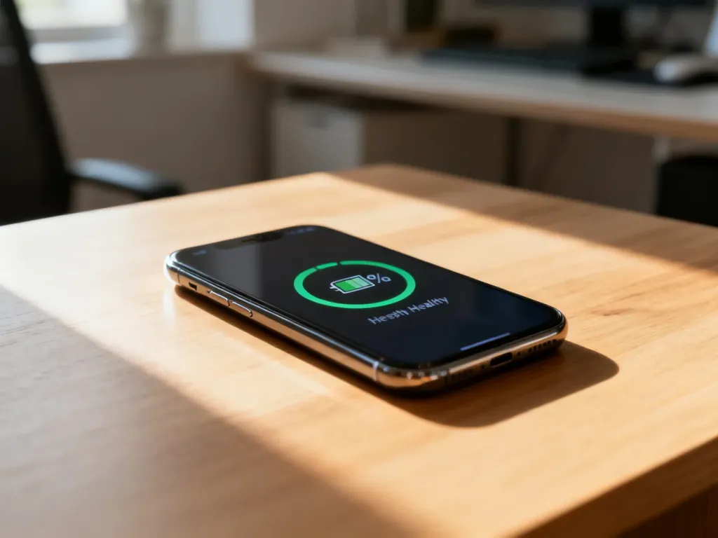 Smartfon na drewnianym biurku z widocznym ekranem kondycji baterii w promieniach porannego słońca.