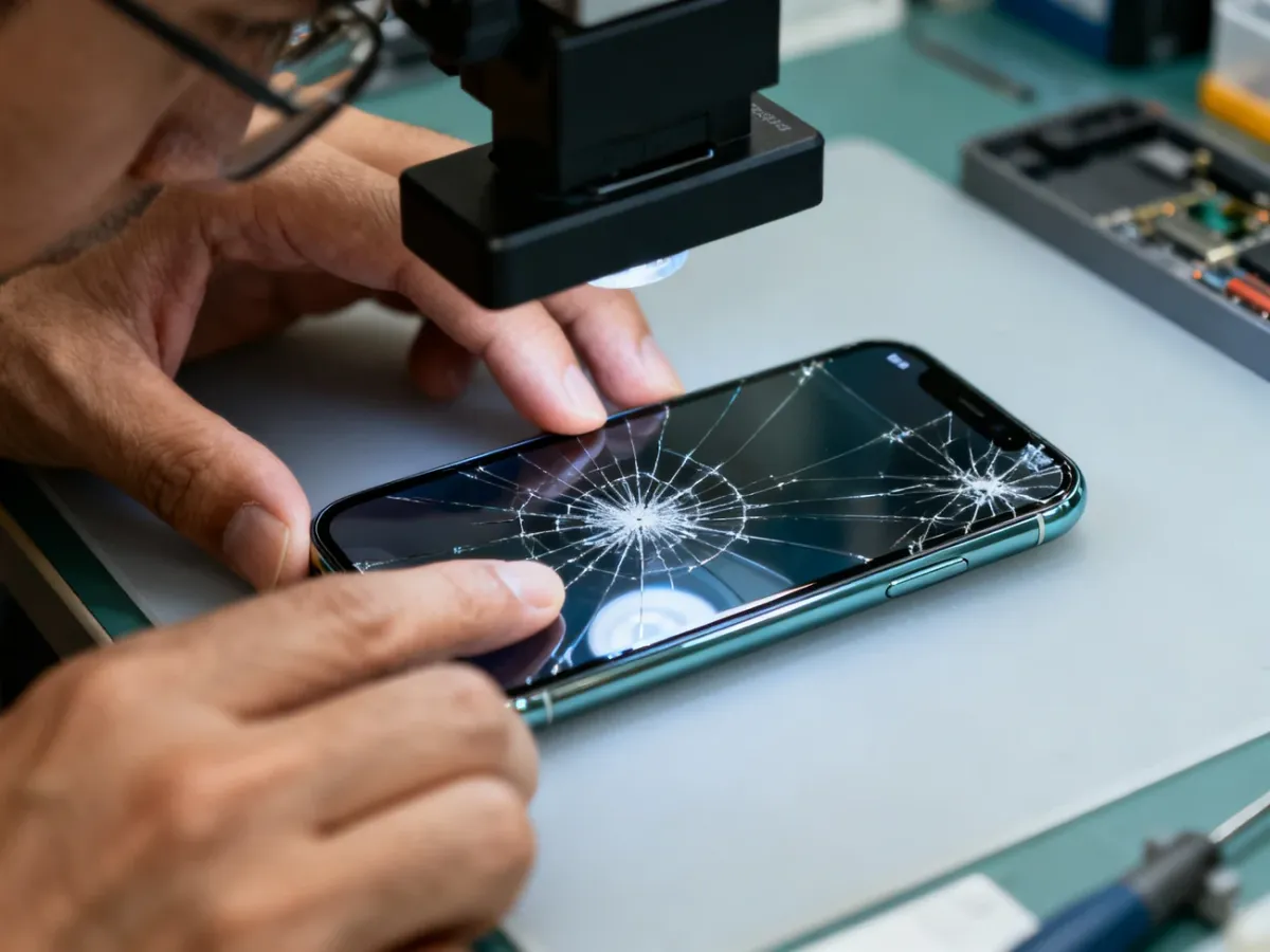 Technik ocenia pękniętą szybkę iPhone’a 11 na stanowisku serwisowym