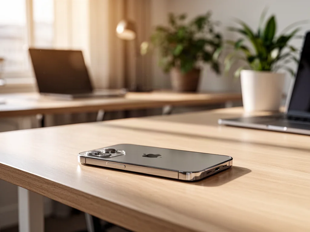 iPhone 13 leżący na minimalistycznym biurku w jasnym, słonecznym biurze.