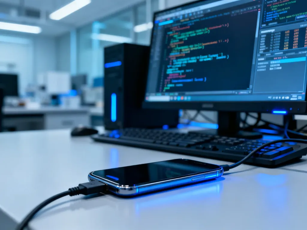 Smartfon podłączony do stacji roboczej z oprogramowaniem do odzyskiwania danych w profesjonalnym laboratorium cyfrowym.