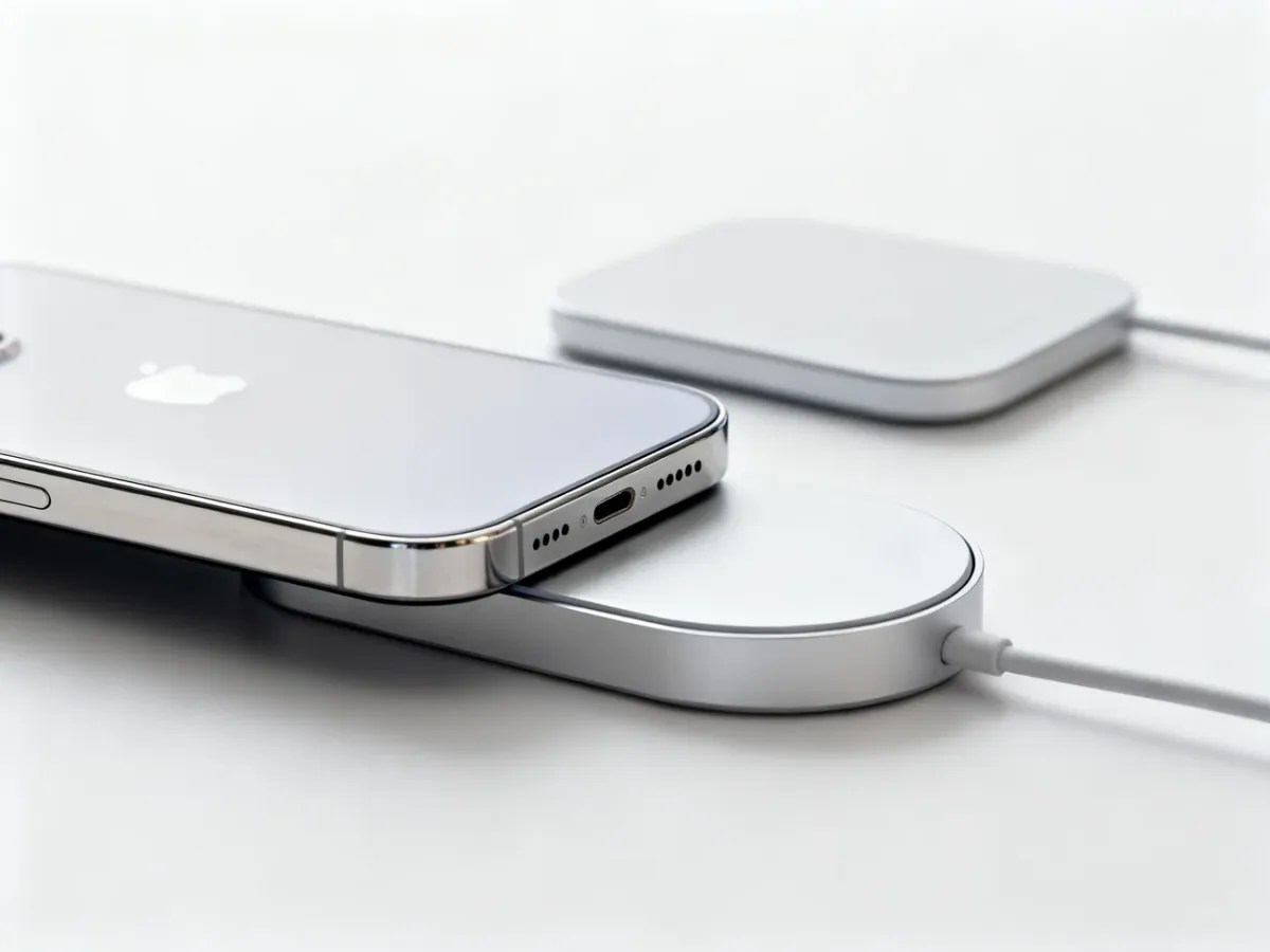 iPhone 15 ustawiony magnetycznie na ładowarce MagSafe lub Qi2