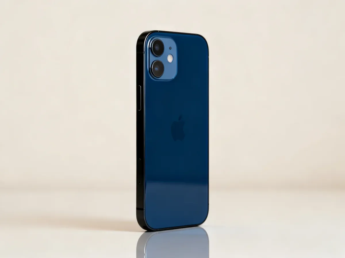 Niebieski iPhone 12 ukazany z tyłu i z boku na jasnym tle